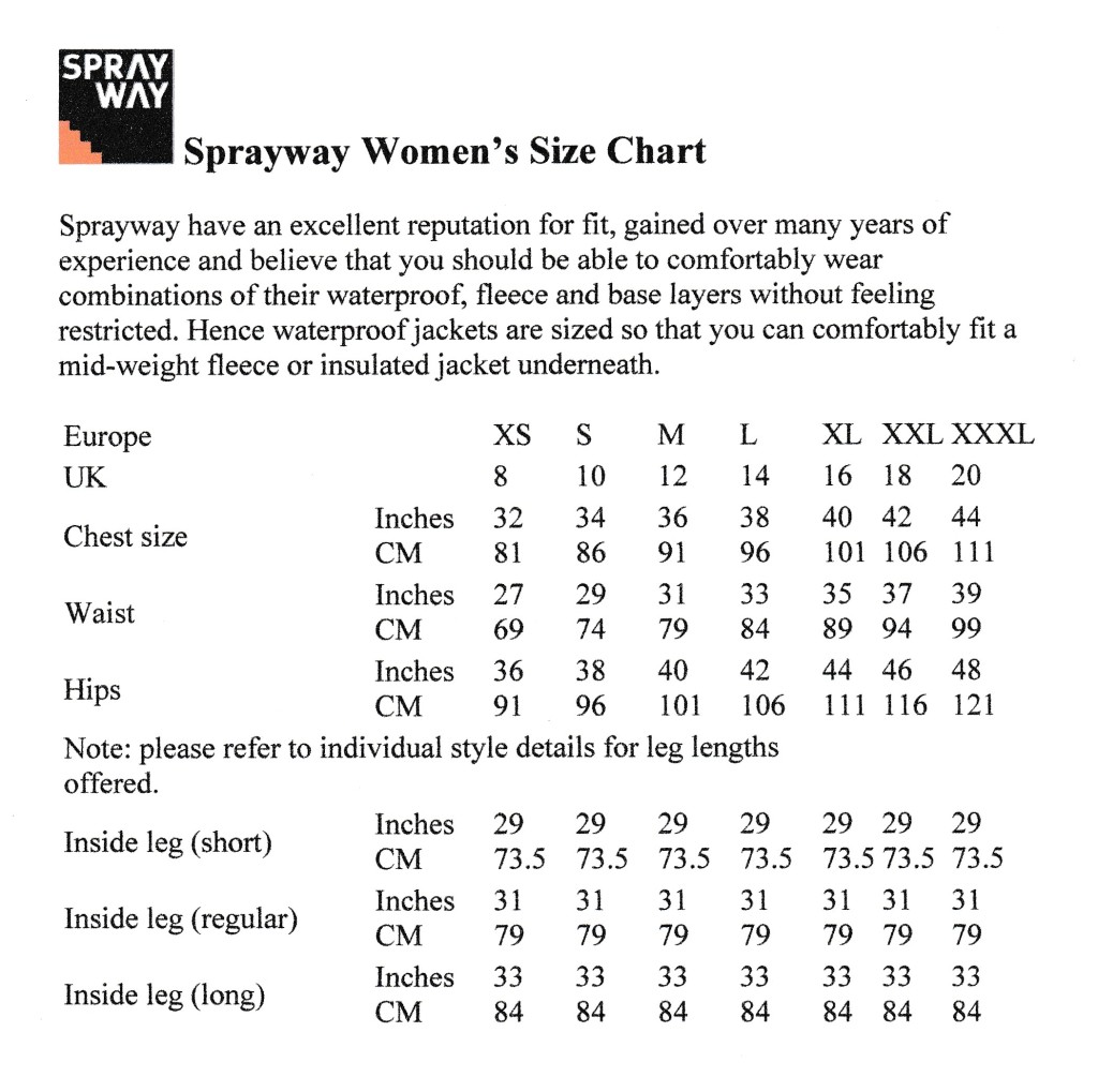 Sprayway Womens Size Chart