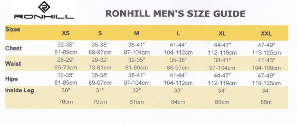 Ronhill Mens Size Chart