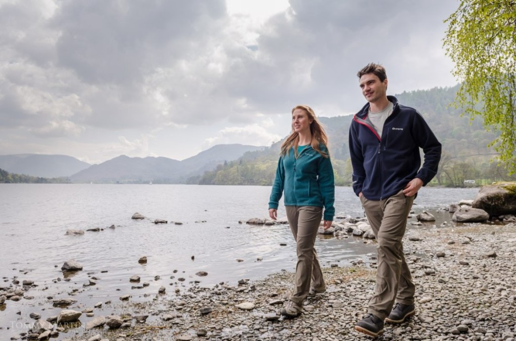 A couple walking in the lake district wearing good quality hiking trousers and clothing